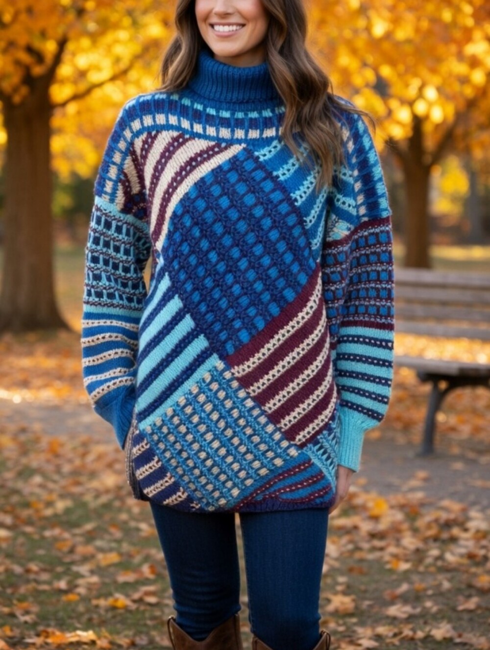 Handmade Blue Patchwork Relaxed Fit Turtleneck Knit Sweater